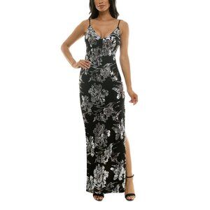 Emerald Sundae Womens Black & Silver Floral Sequin Gown With Spaghetti Straps &